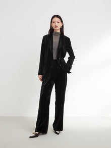 Velvet Pleated Wide Leg Pants | Black