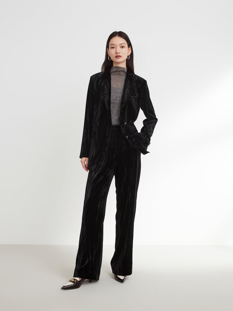 Velvet Pleated Wide Leg Pants | Black
