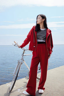 Hooded Cardigan With Embroideried Drawstring | Red