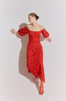 Embroidered Eyelet Off the Shoulder Dress | Cherry