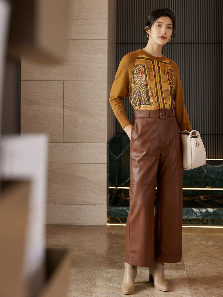 Spliced Printed Knit Top | Camel