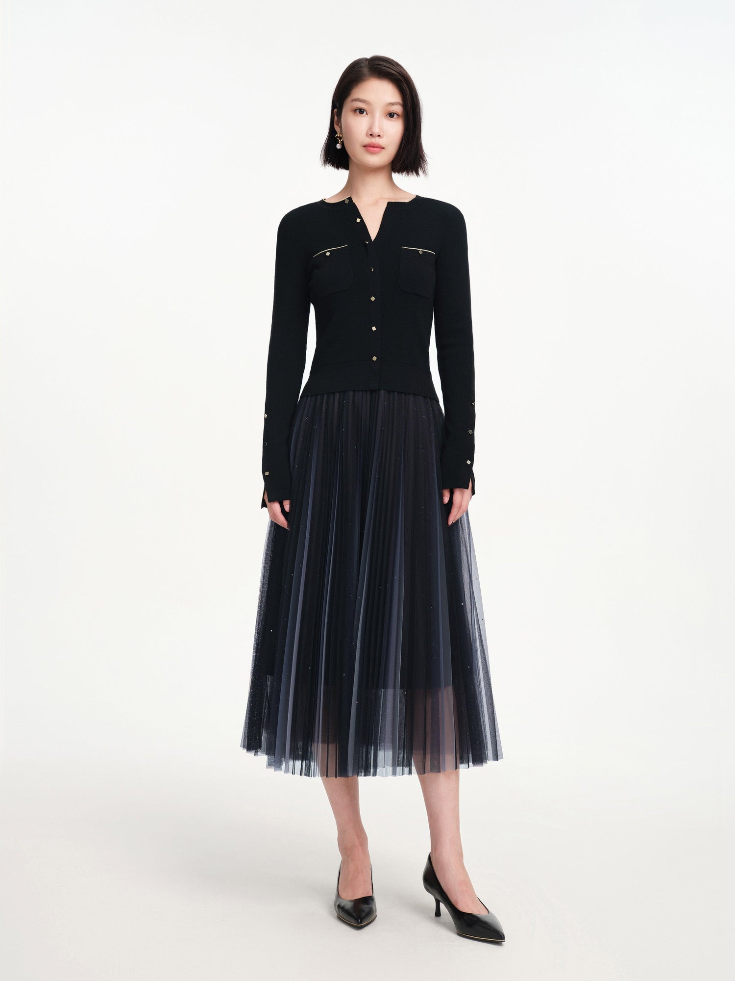 Mesh Pleated Dress With Fitted Tank | Black