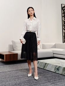 Small-Collar Straight-Cut Satin Shirt | White
