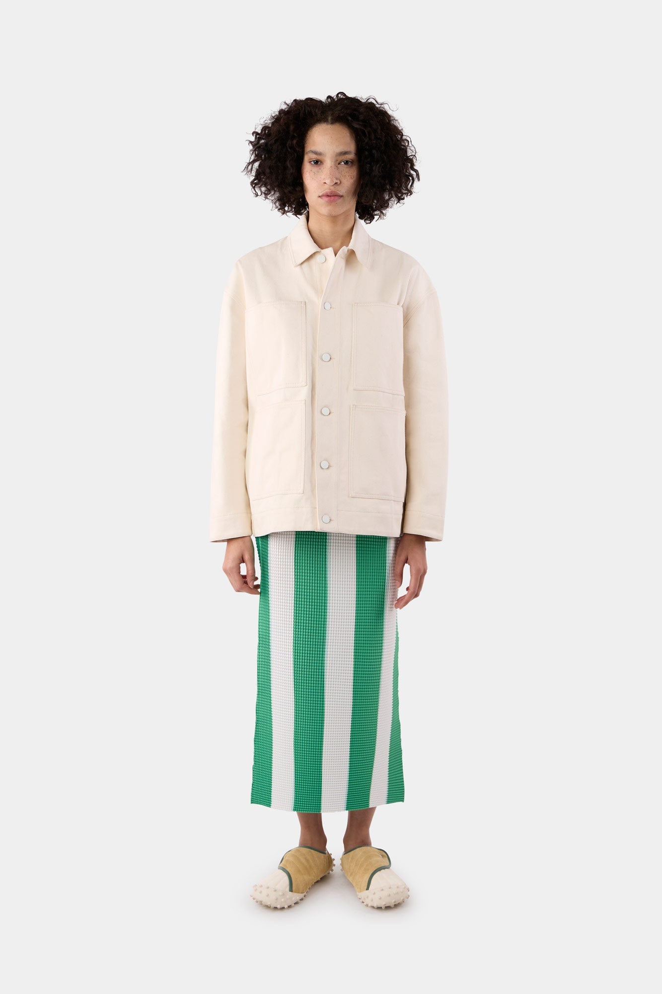 Women | Pleated Long Skirt | Cream and Green Stripes
