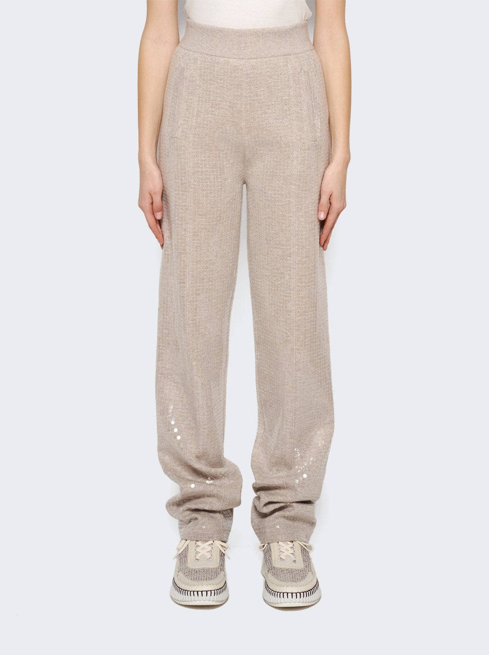Women | BURBERRY | Sequinned Cashmere Cotton Blend Trousers | Beige Melange