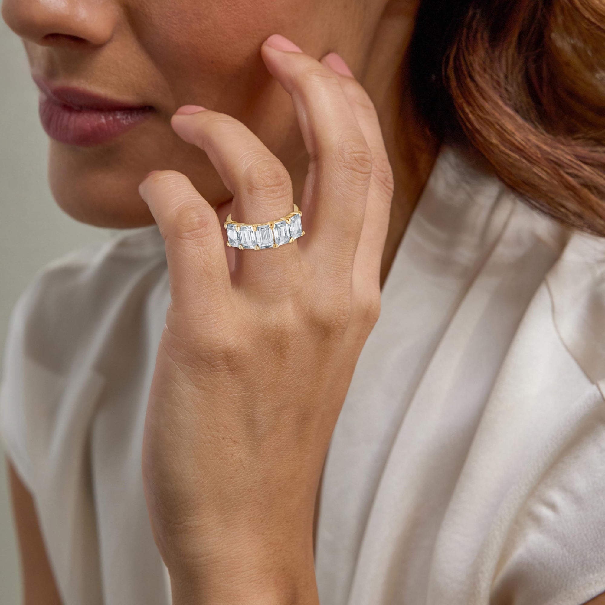 5.00 CT Emerald Lab-Grown Diamond | Five Stone Anniversary Wedding Band Ring | 14K Yellow Gold | G Color | VS Clarity