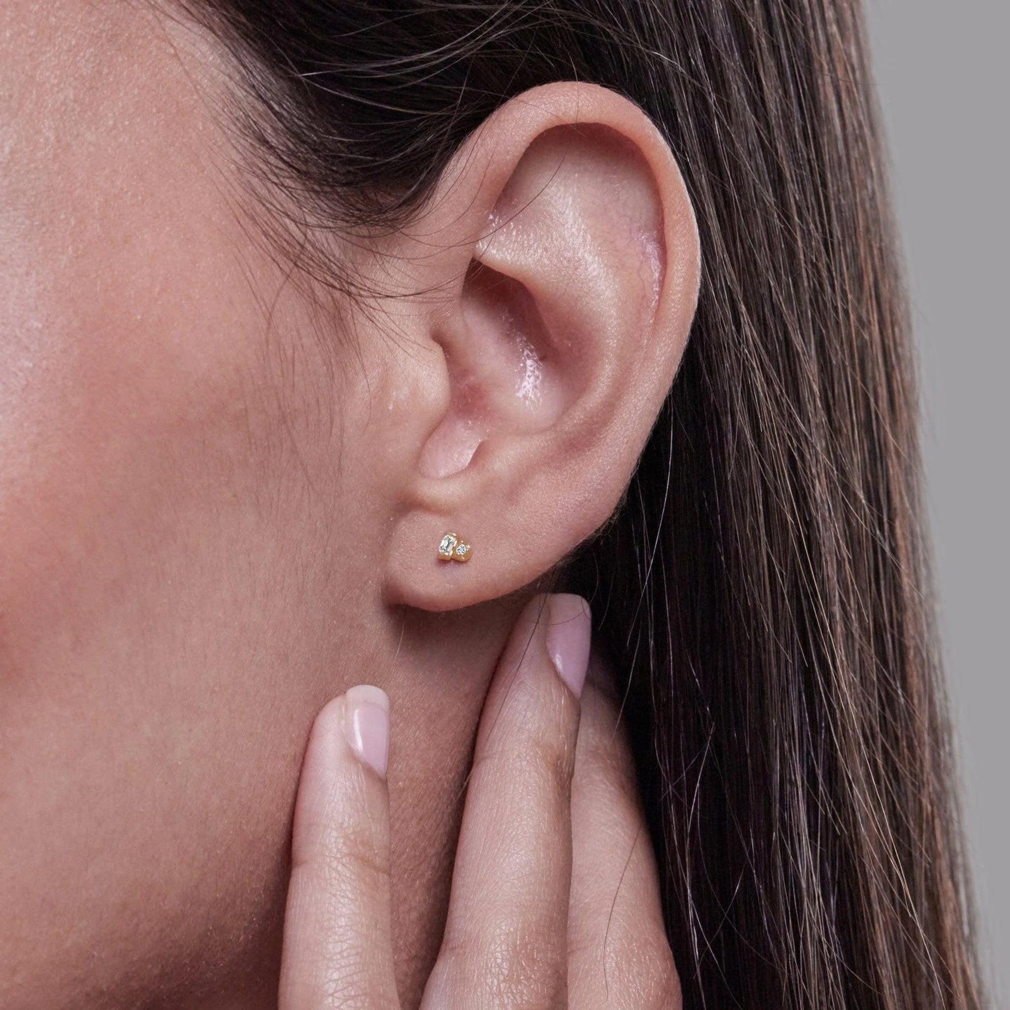 Womens | 0.06 CT  Round & Emerald Cut Lab Grown Accent Diamond | Fashion Stud Earrings | 14K Yellow Gold Plated Silver | G-SI