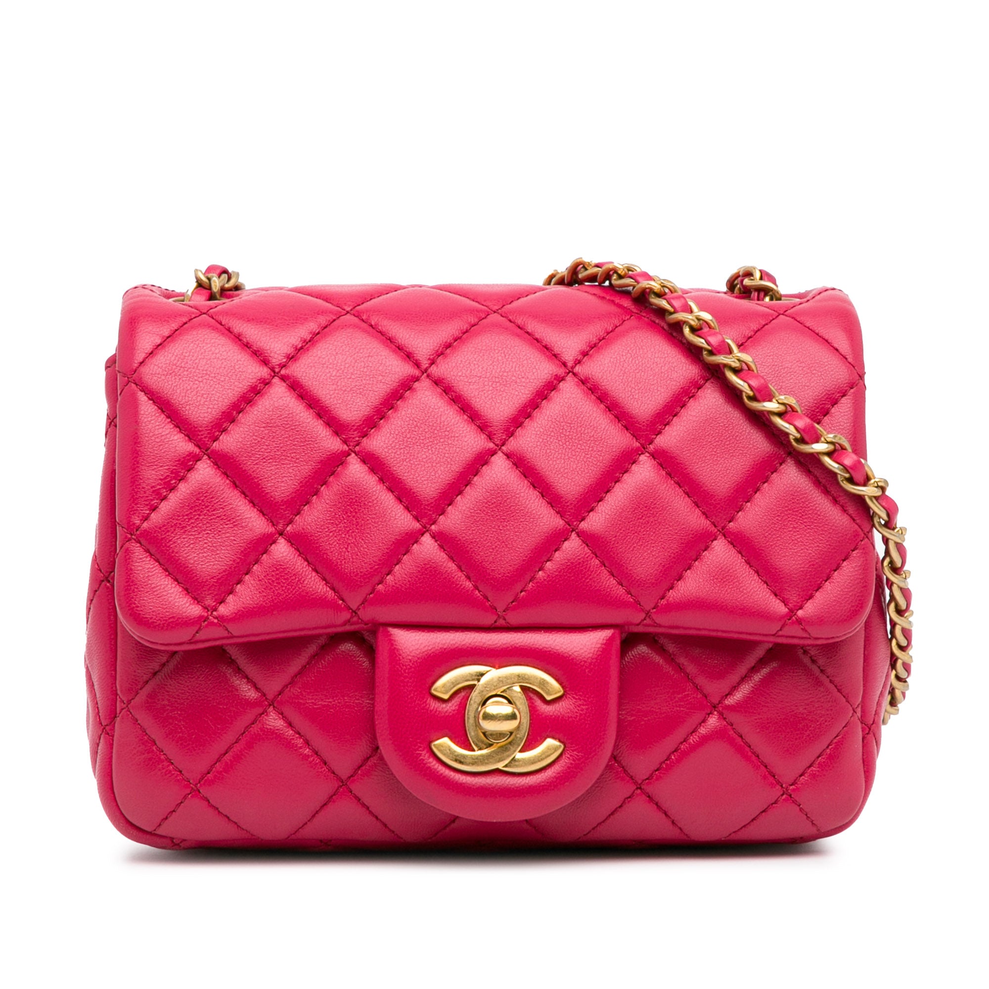 Chanel | Pre-Owned Mini Square Classic Lambskin Pearl Crush Single Flap | Pink/Dark Pink