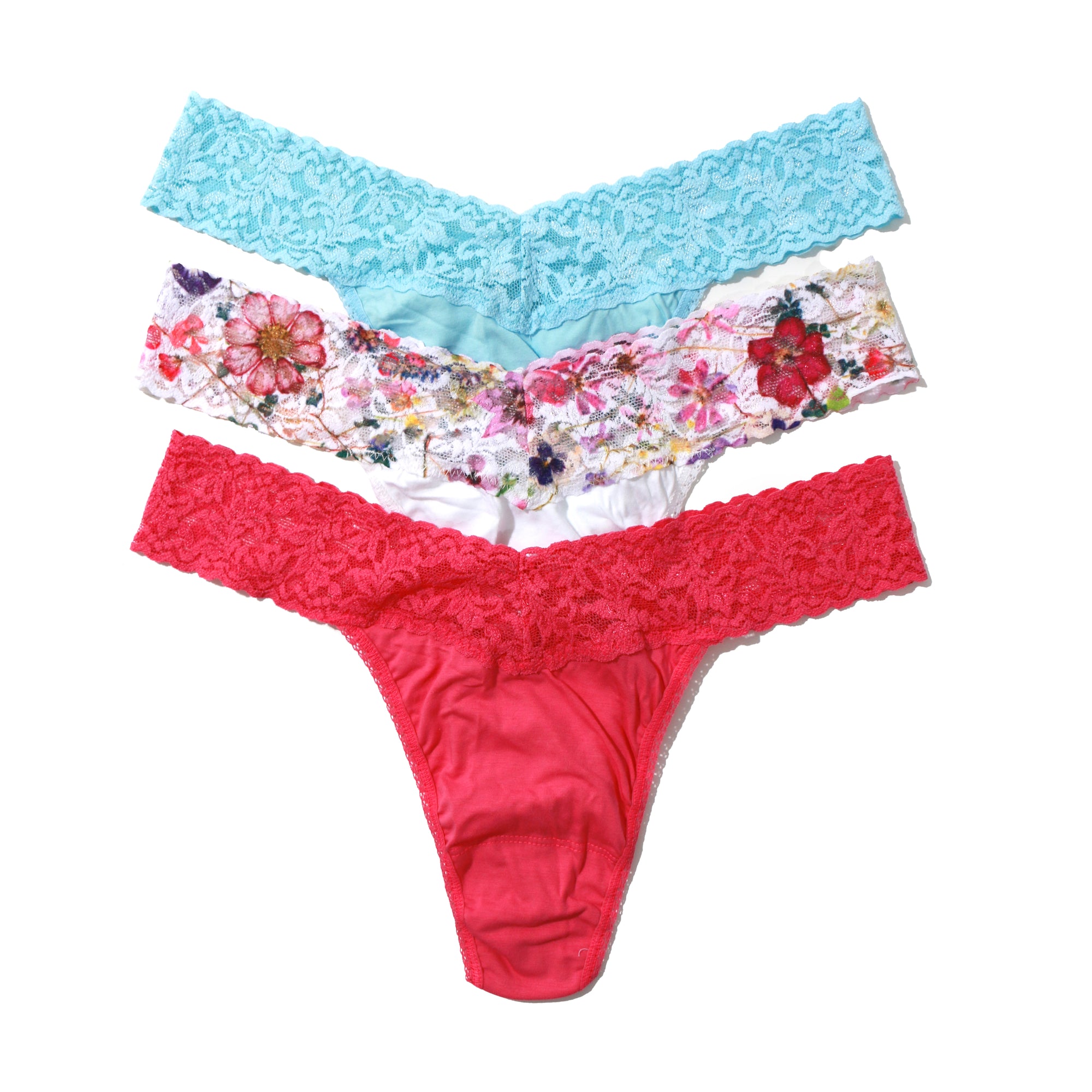 3-Pack Cotton Original Rise Thong | Butterfly Blue/White-Pressed Bouquet/Wild Pink