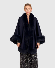 Cashmere Cape with Fox Trim | Navy