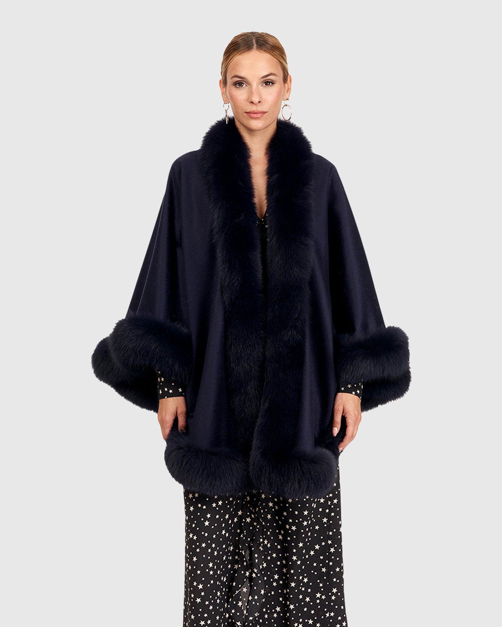 Cashmere Cape with Fox Trim | Navy