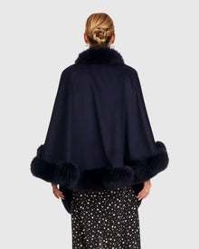 Cashmere Cape with Fox Trim | Navy