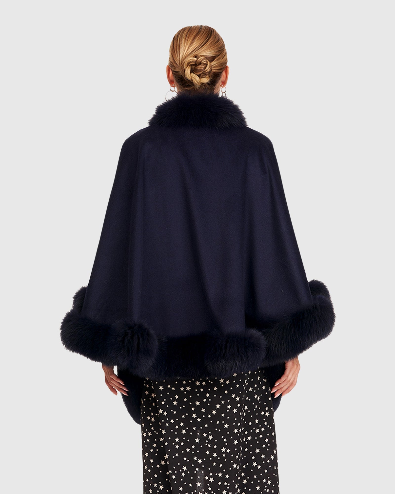 Cashmere Cape with Fox Trim | Navy
