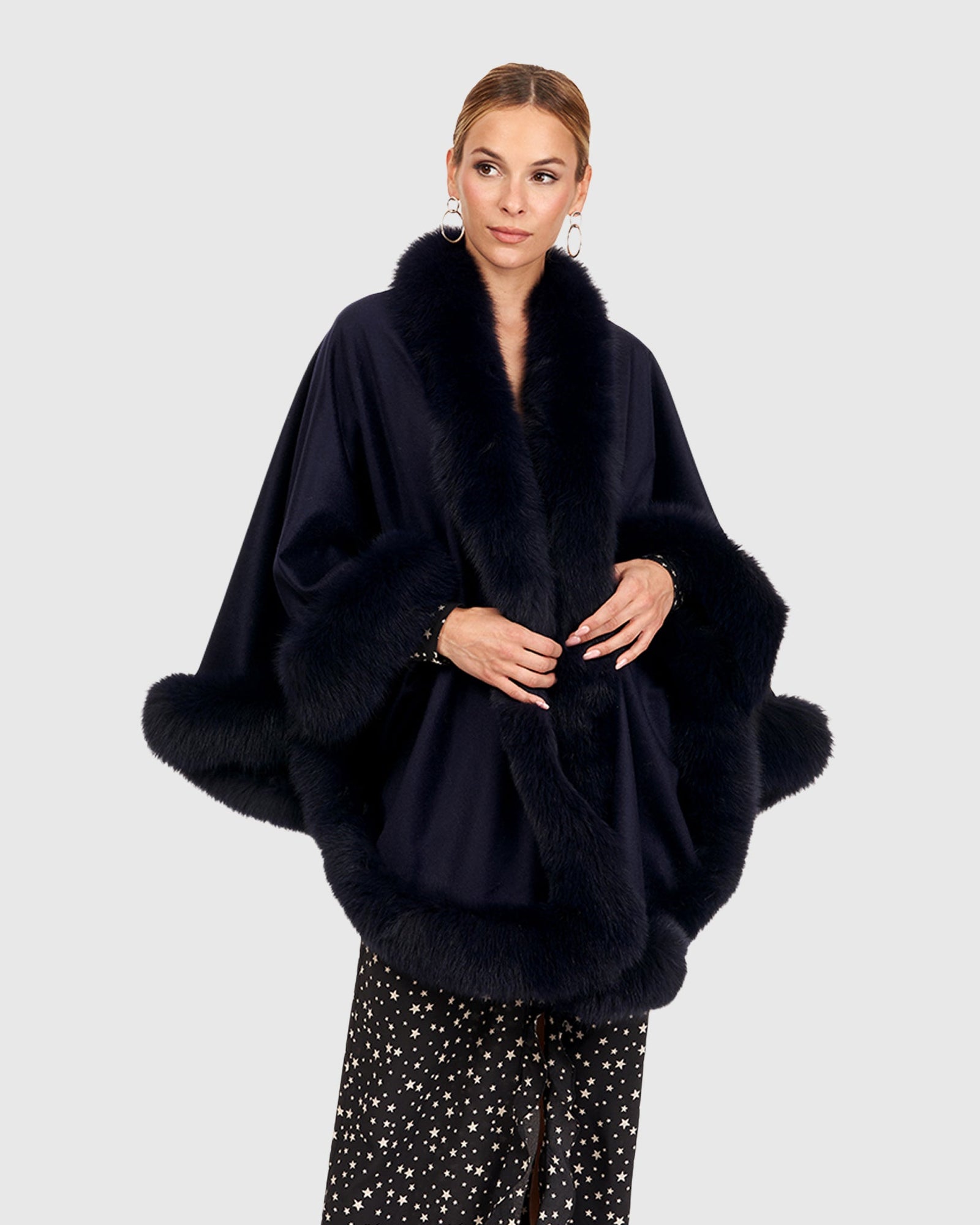 Cashmere Cape with Fox Trim | Navy