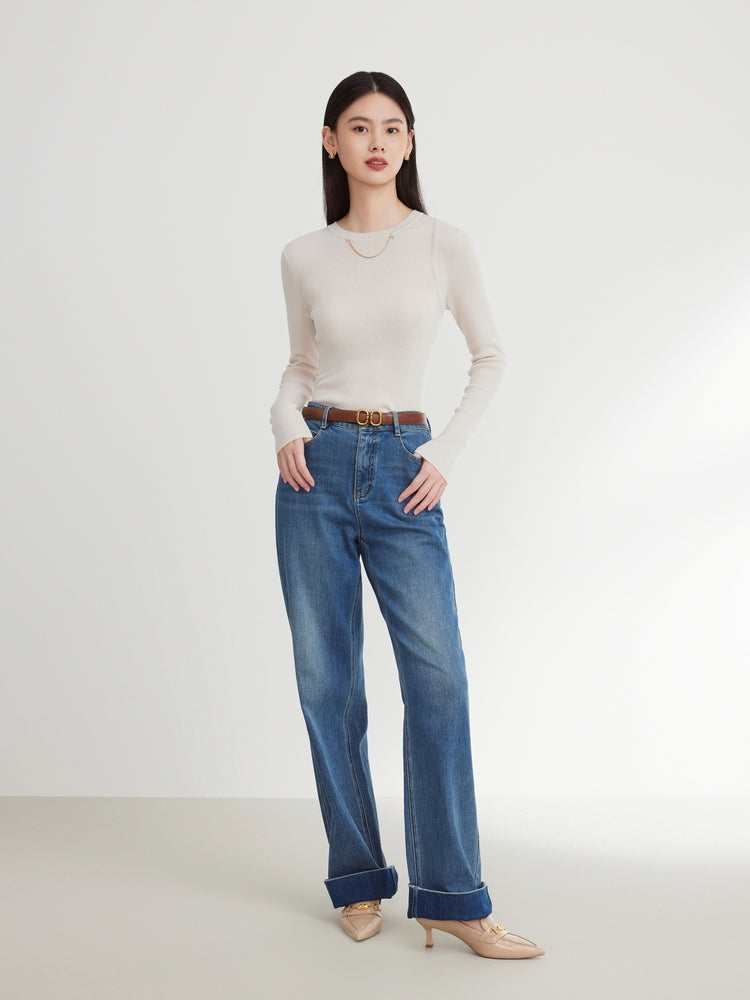 Slim Fit Round Neck Knit Sweater | White