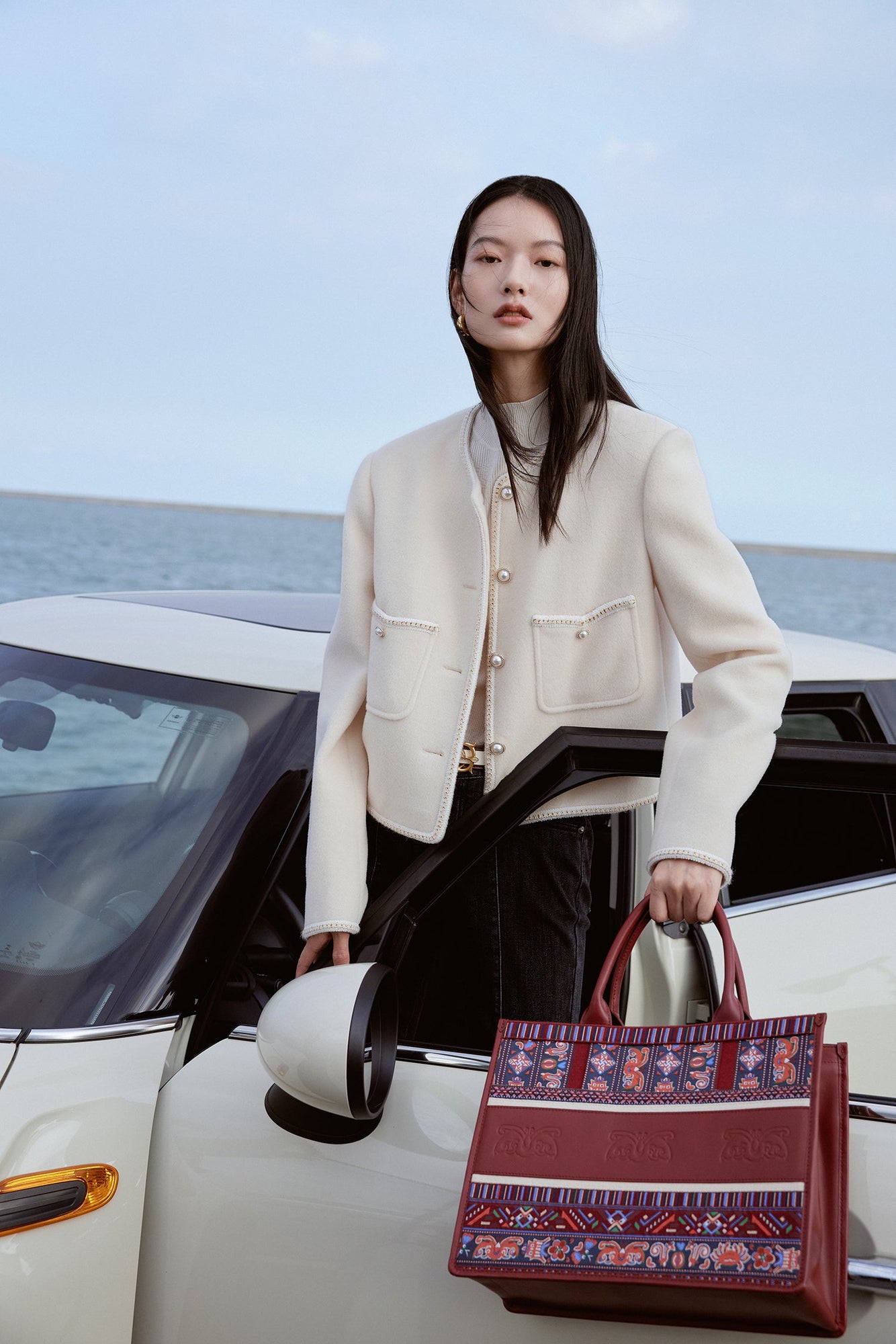 Trimmed Double Woolen Jacket | White