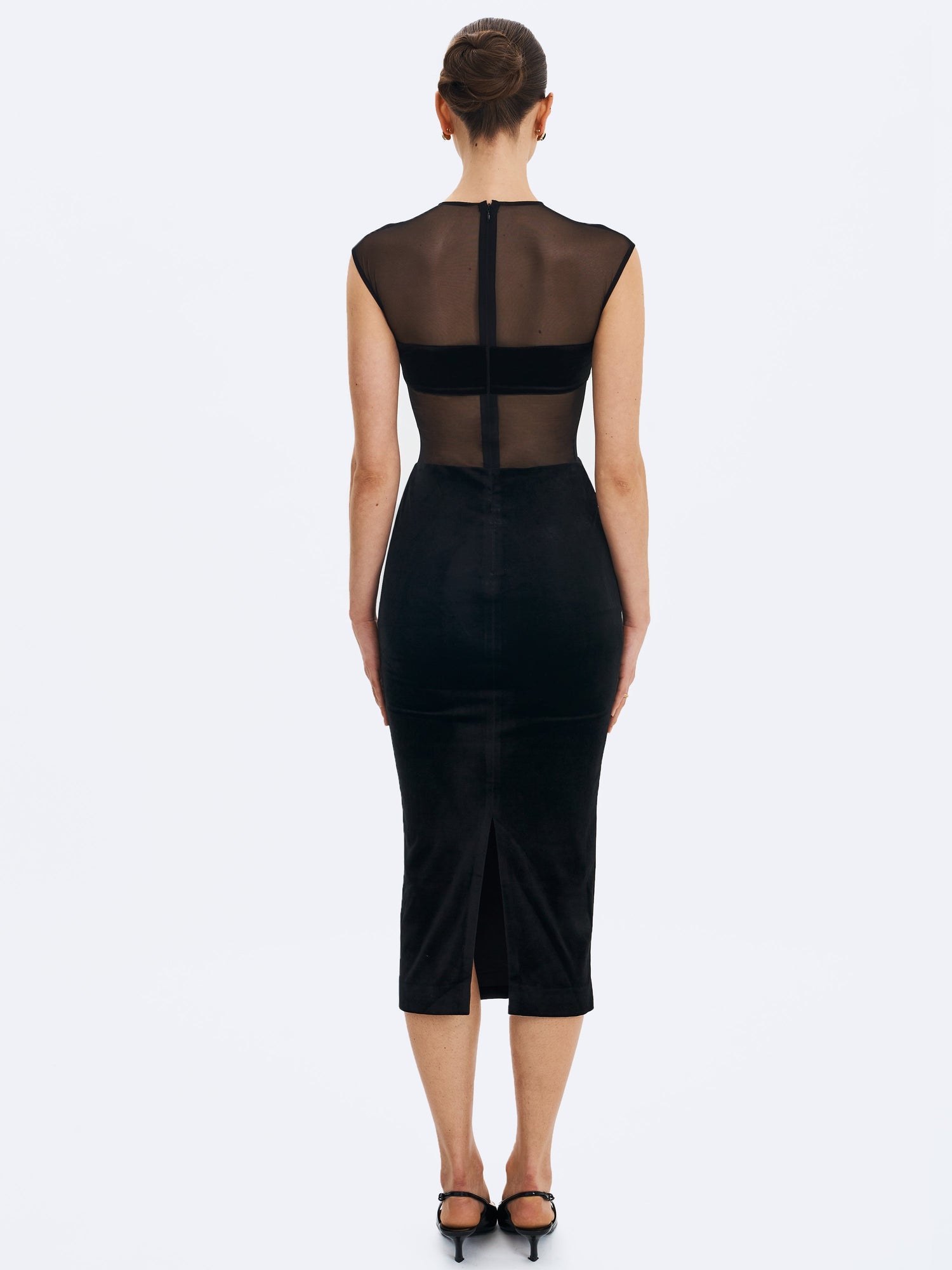 Miss Circle | Quielle Mesh and Velvet Midi Bodycon Dress