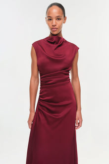Burgundy satin sleeveless midi dress with cowl neckline and ruched detailing at waist and side.