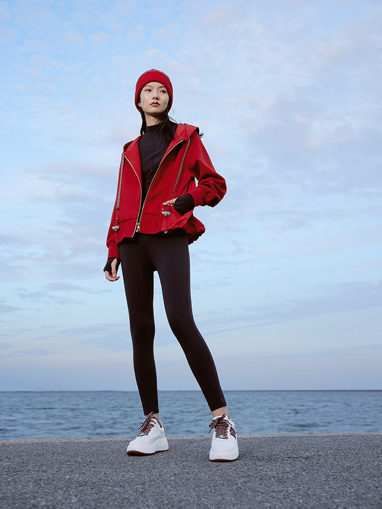 Hooded Cardigan With Embroideried Drawstring | Red