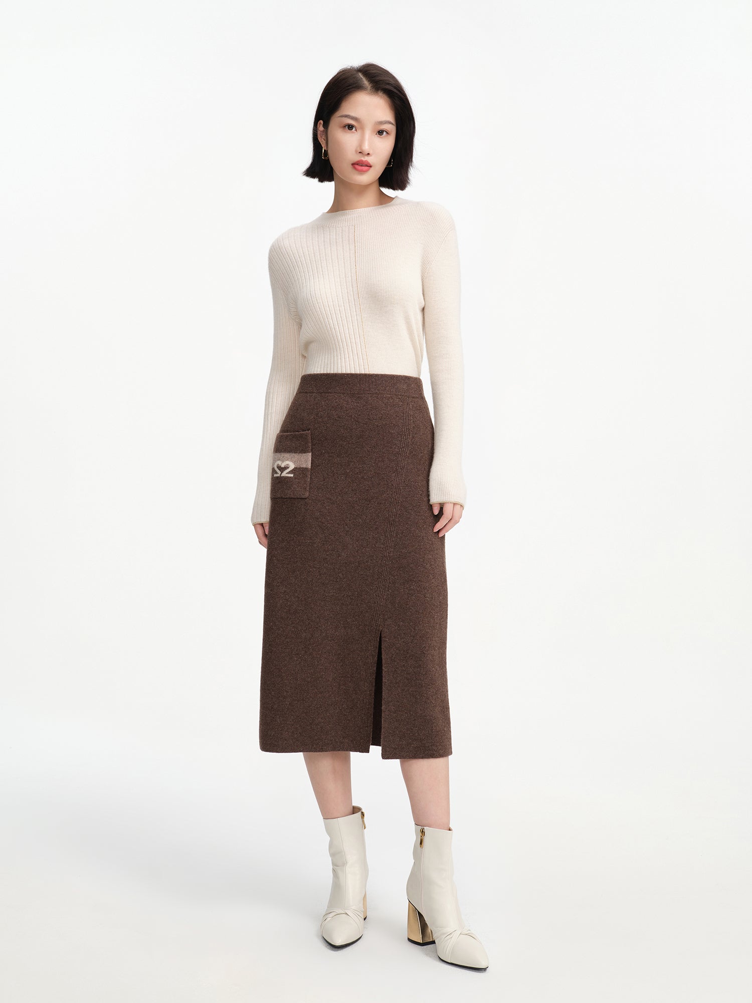 Stand-Up Collar Cashmere Knit Top | White