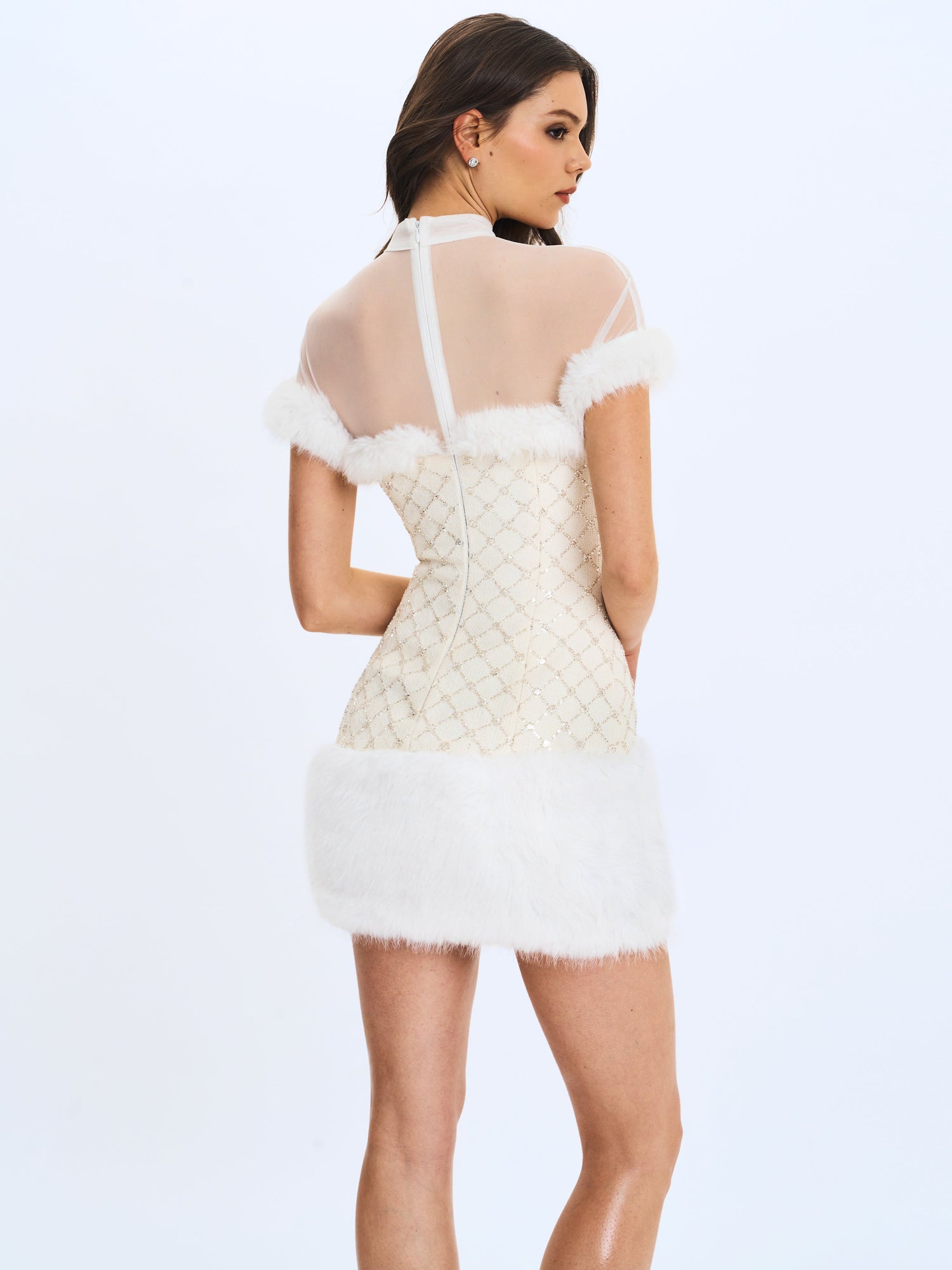 Miss Circle | Taylor Fur Trimmed Beaded Boucle Mini Dress