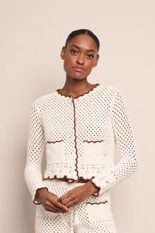 Alma Cardigan | Ivory Coffee Scallop Trim