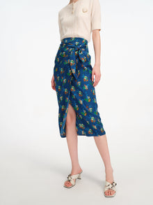 Flora Print Midi Wrap Skirt | Blue