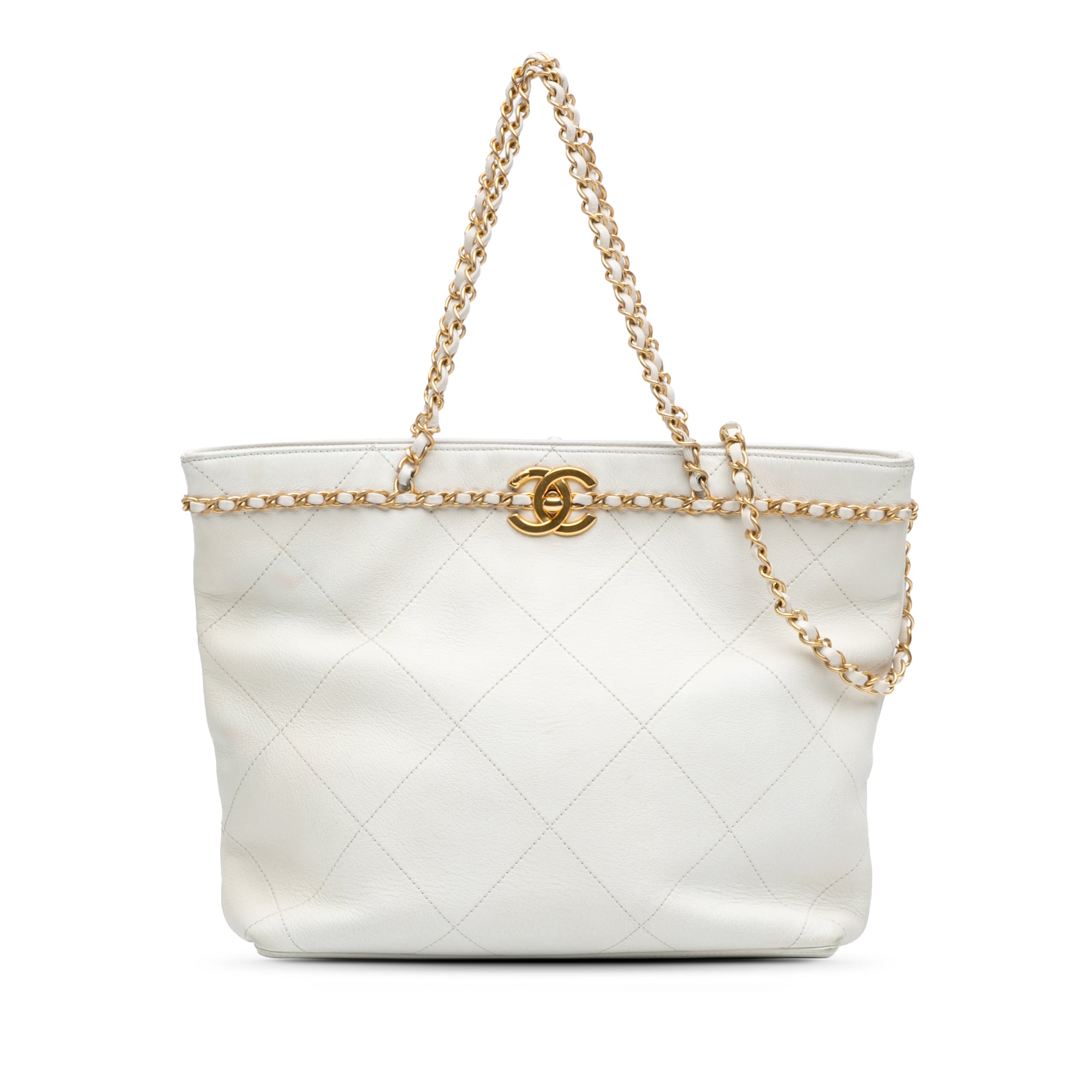 Chanel | Pre-Owned Quilted Calfskin CC Lock Chain Shopping Tote | White/Ivory