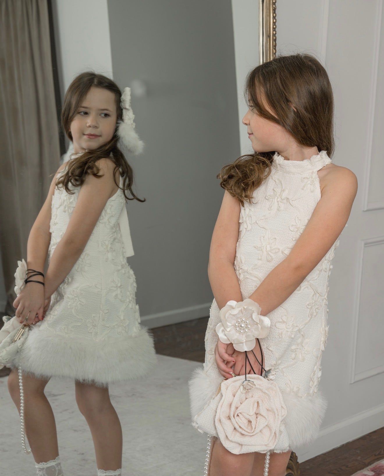 Girl | Evangeline Ivory Flower Tie With Pearl Center and Flower Tassels | Champagne