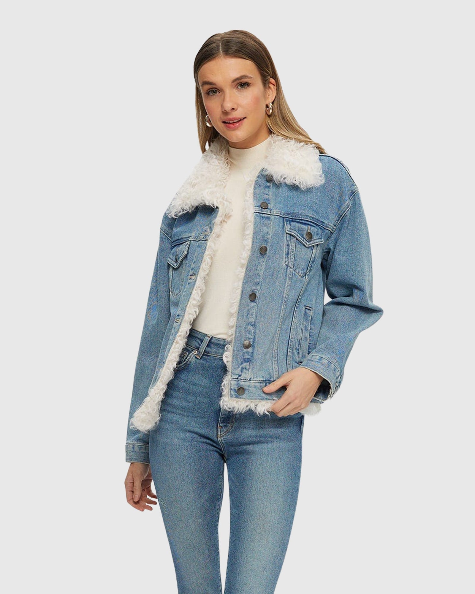 Denim Jacket With Select Lamb Trim | Denim/White