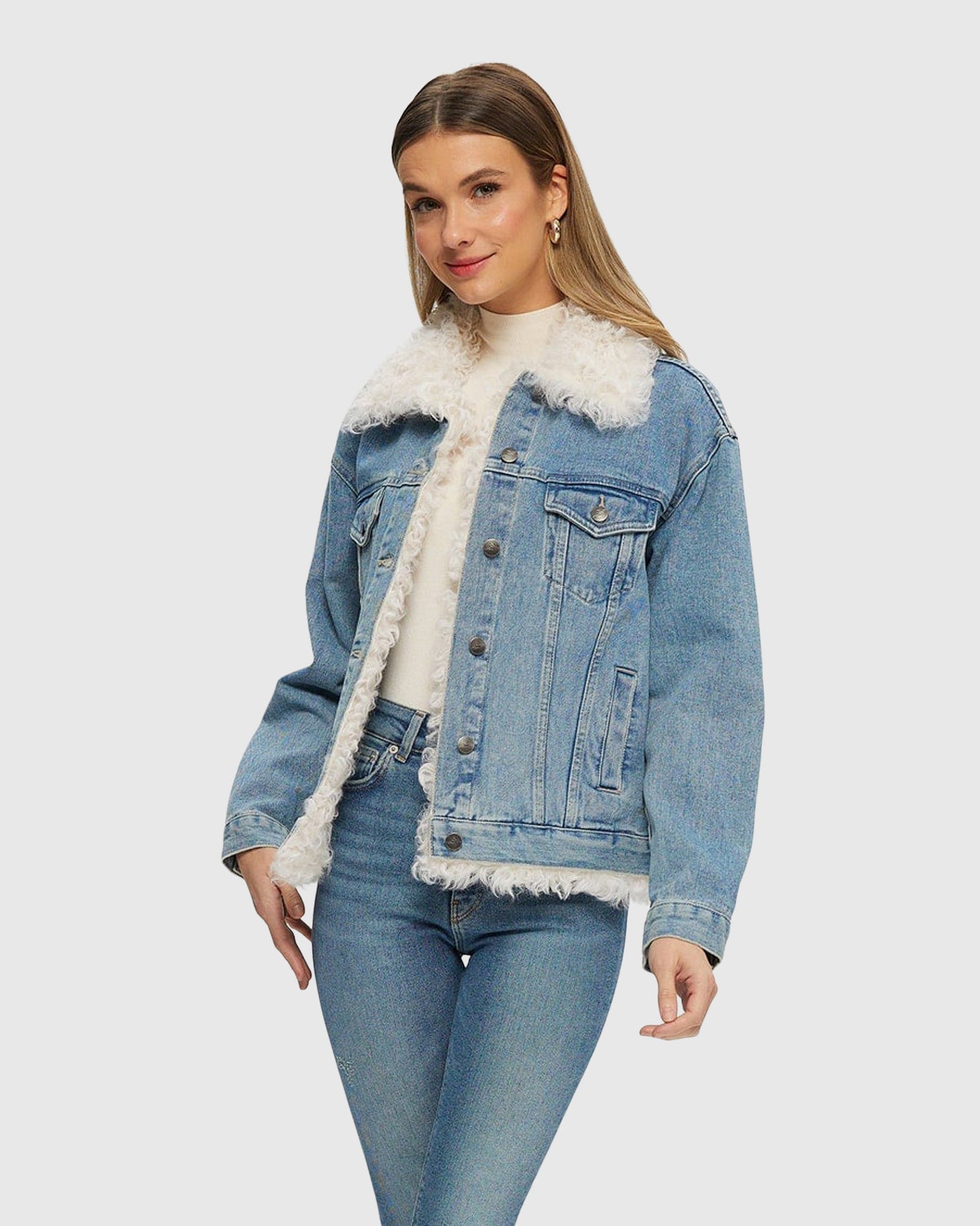 Denim Jacket With Select Lamb Trim | Denim/White