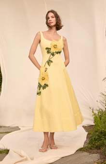 Peony Embroidered Stretch Cotton Full Dress | Butter/Yellow