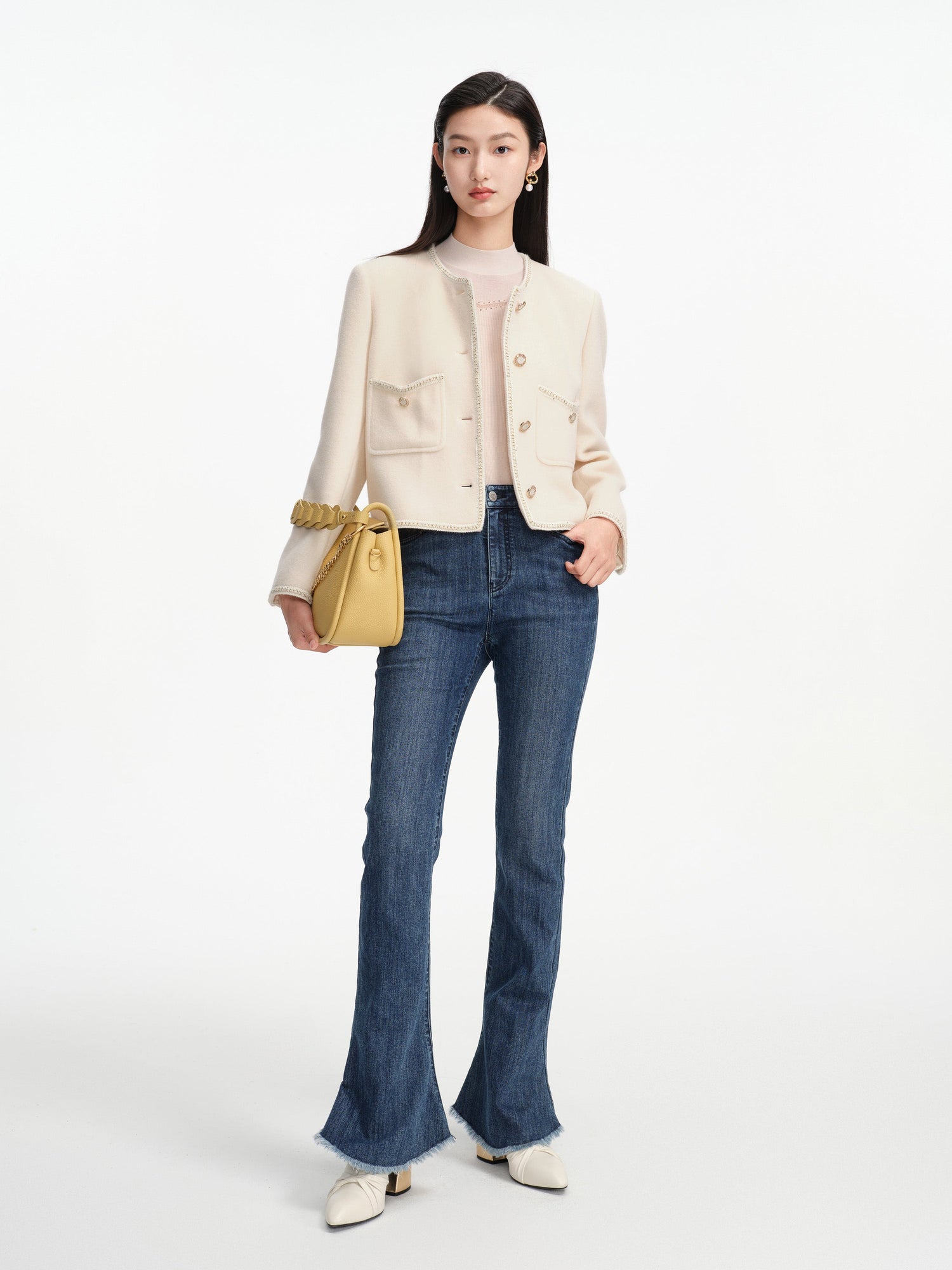 Trimmed Double Woolen Jacket | White