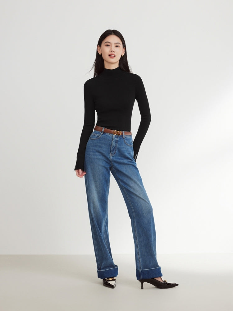 Pure Wool Solid Color Knit Sweater | Black