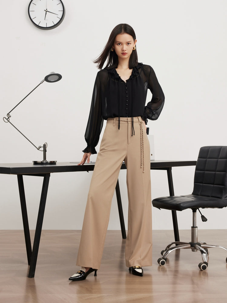 Wool Wide-Leg Office Pants | Khaki