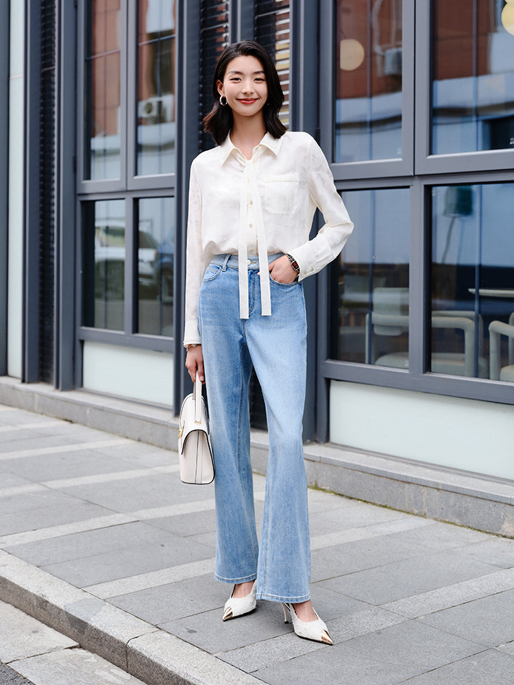 Small-Collar Straight-Cut Satin Shirt | White