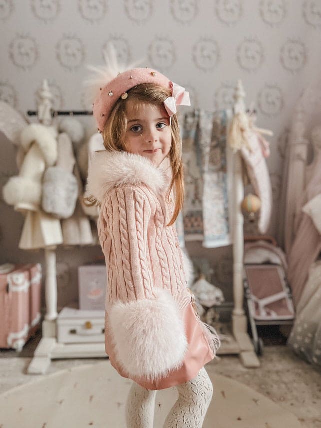 Baby Girls | Cableknit Faux Fur Cotton Cardigan | Pink