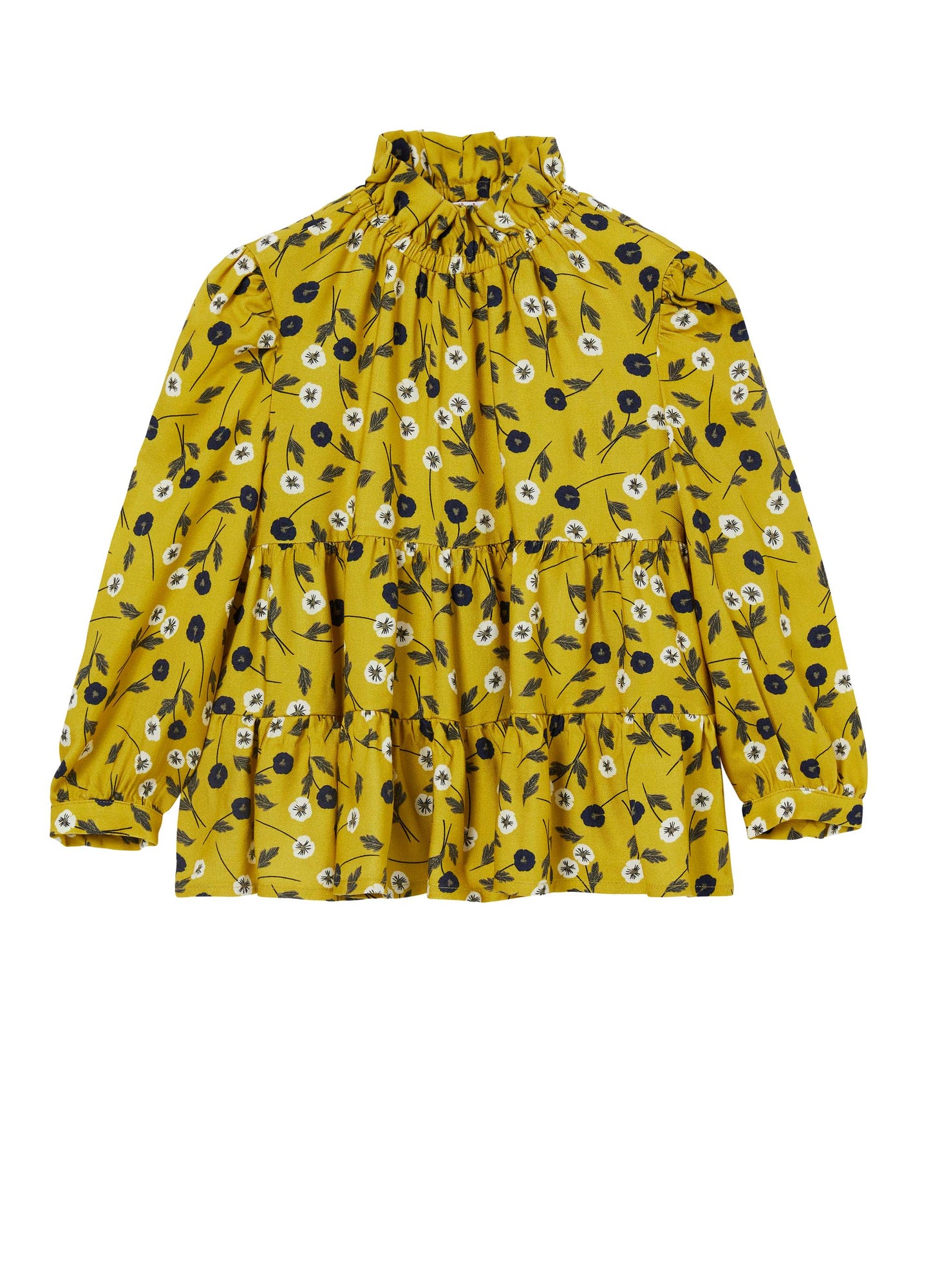 Girls | Shirt with Yellow Floral Print Flounces | Curry