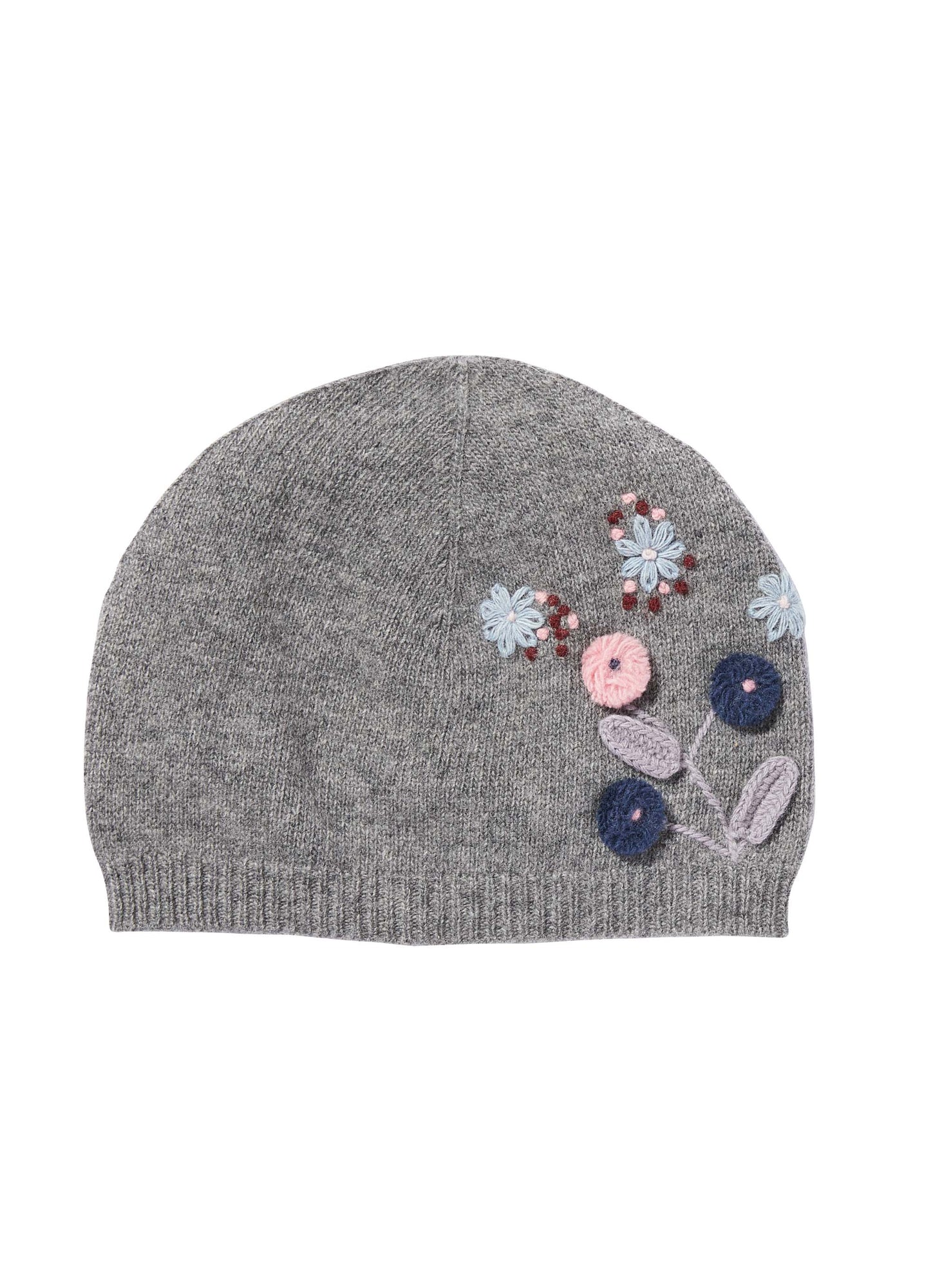 Girls | Superfine Wool Hat with Flowers | Asphalt Gray Candy Pink