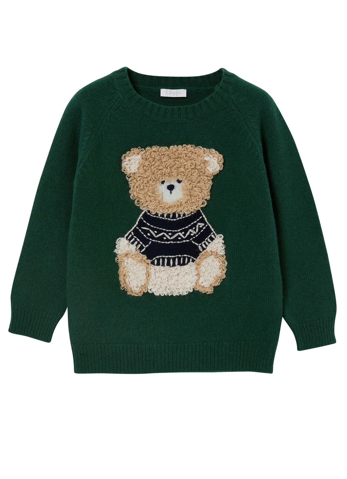 Boys | Wool Sweater with Teddy Bear | Fir Green Blue