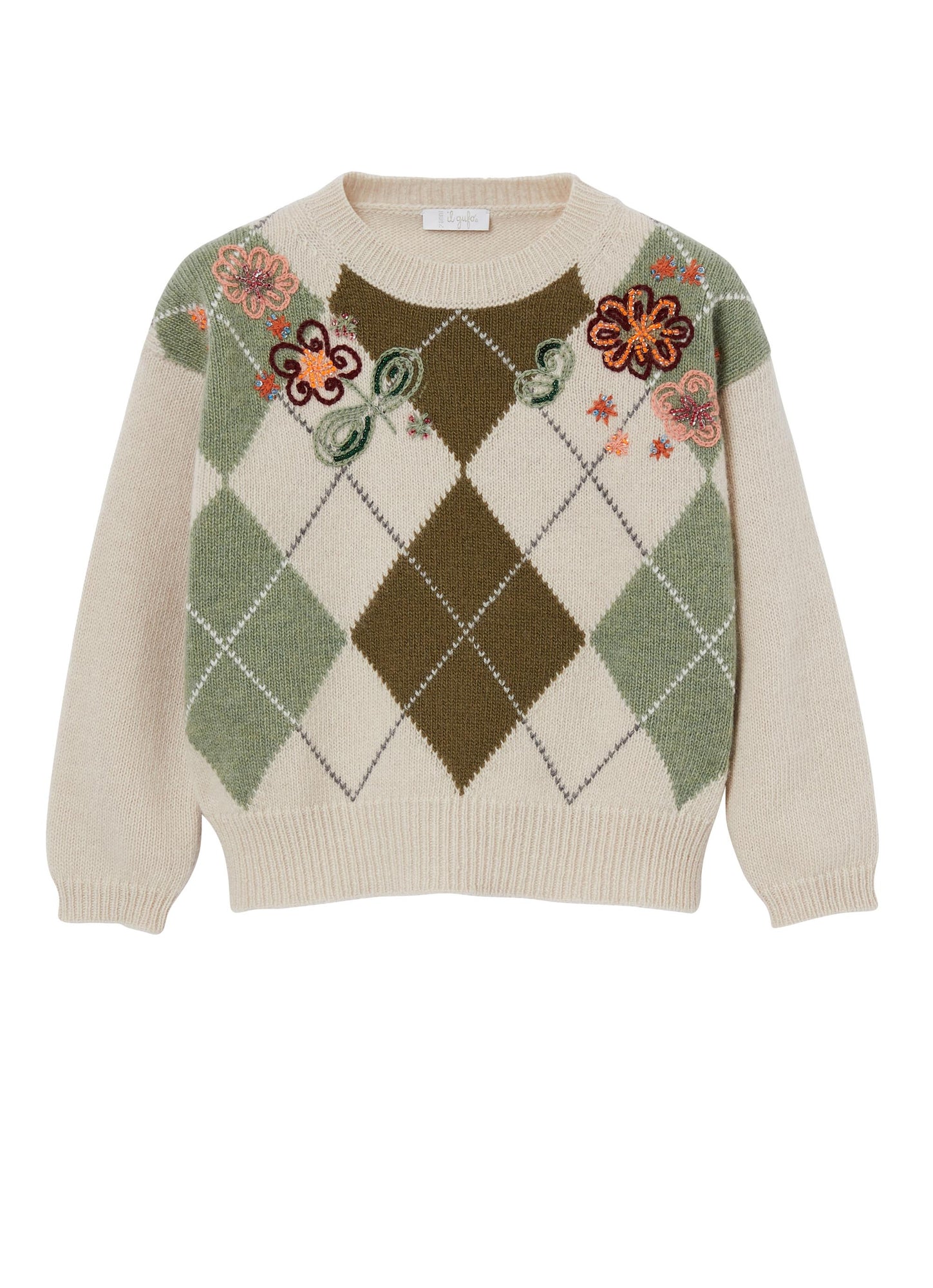 Girls | Argyle Rhombus Sweater with Flowers | Natural Militare