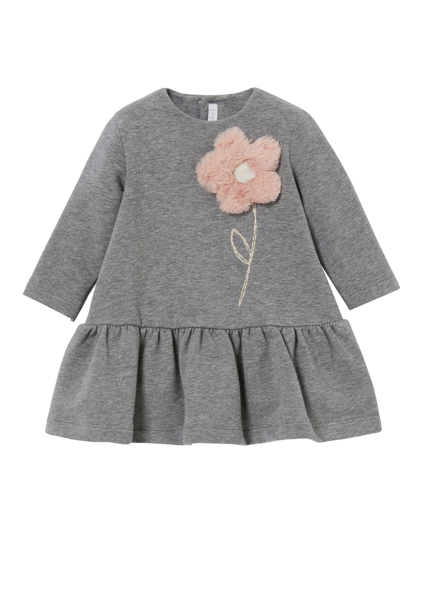 Baby Girls | Fleece Dress with Faux Fur Flower | Gray Pink Cameo