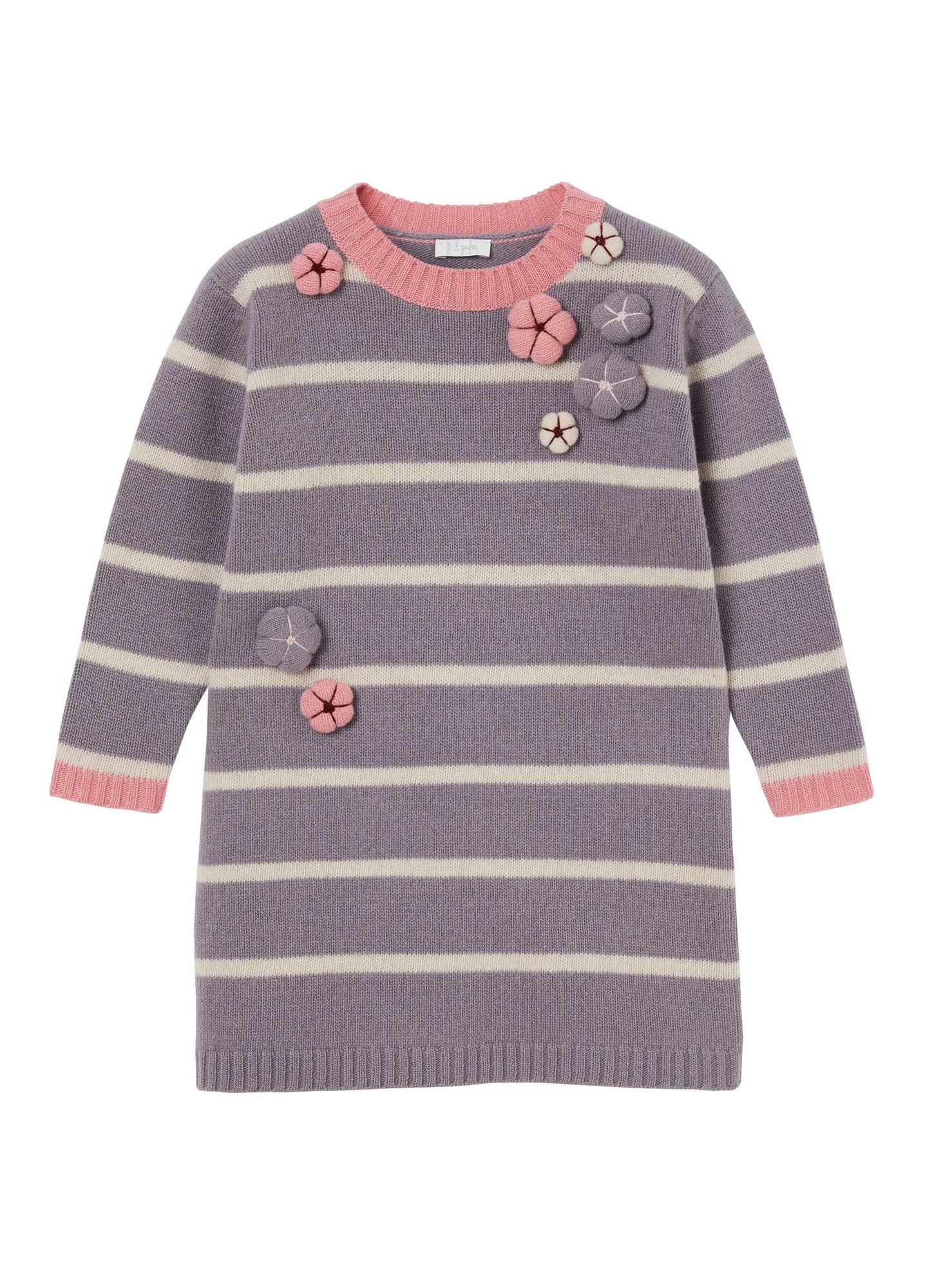 Girls | Striped Wool Dress with Puff Flowers | Malva Natural