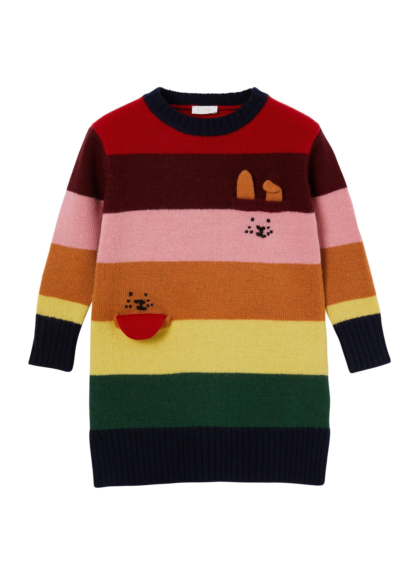 Girls | Striped Wool Dress with Little Animals | Blue Red Wine