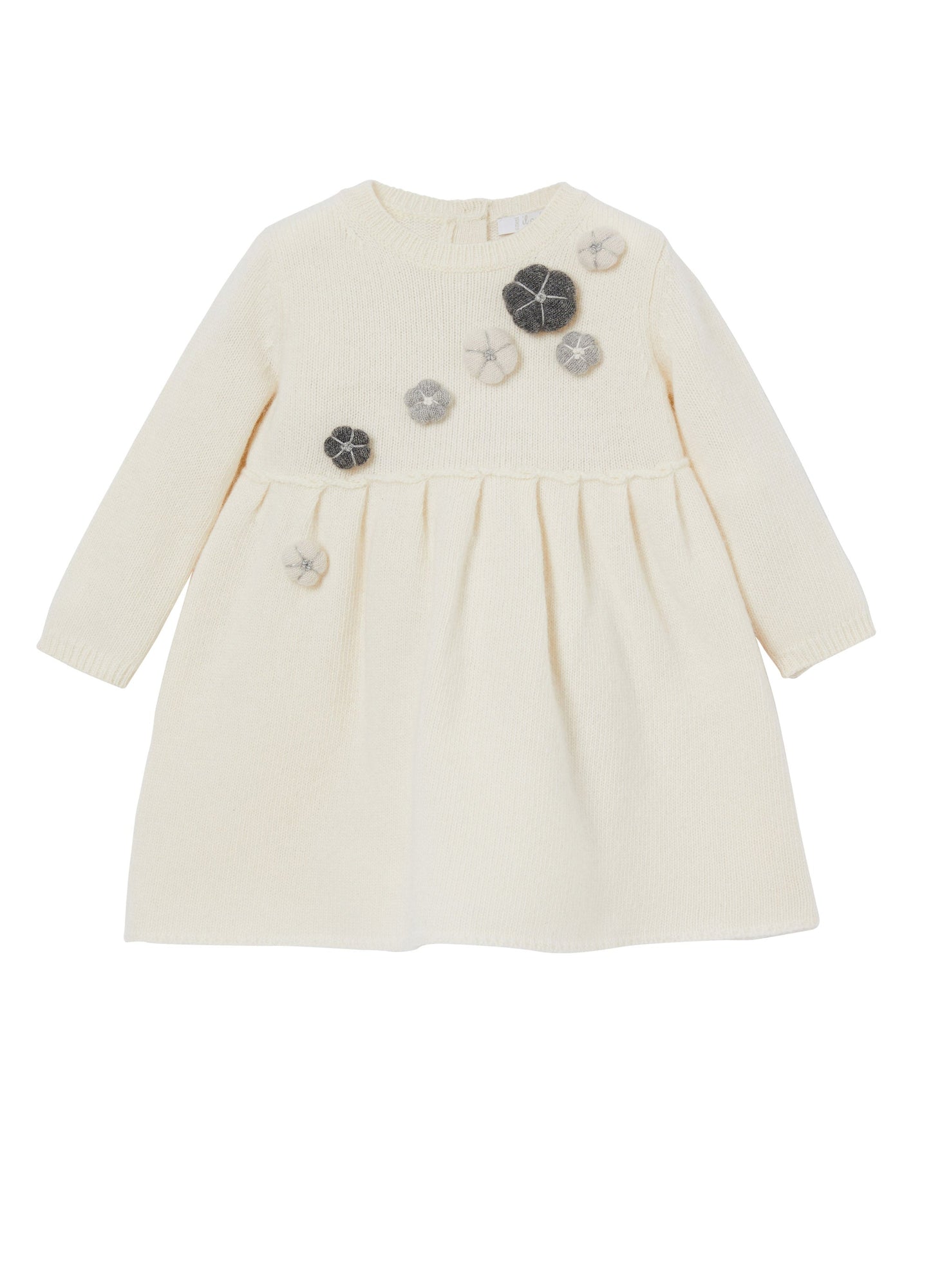 Baby Girls | Wool Dress with Puff Flowers | Milk Dark Grey