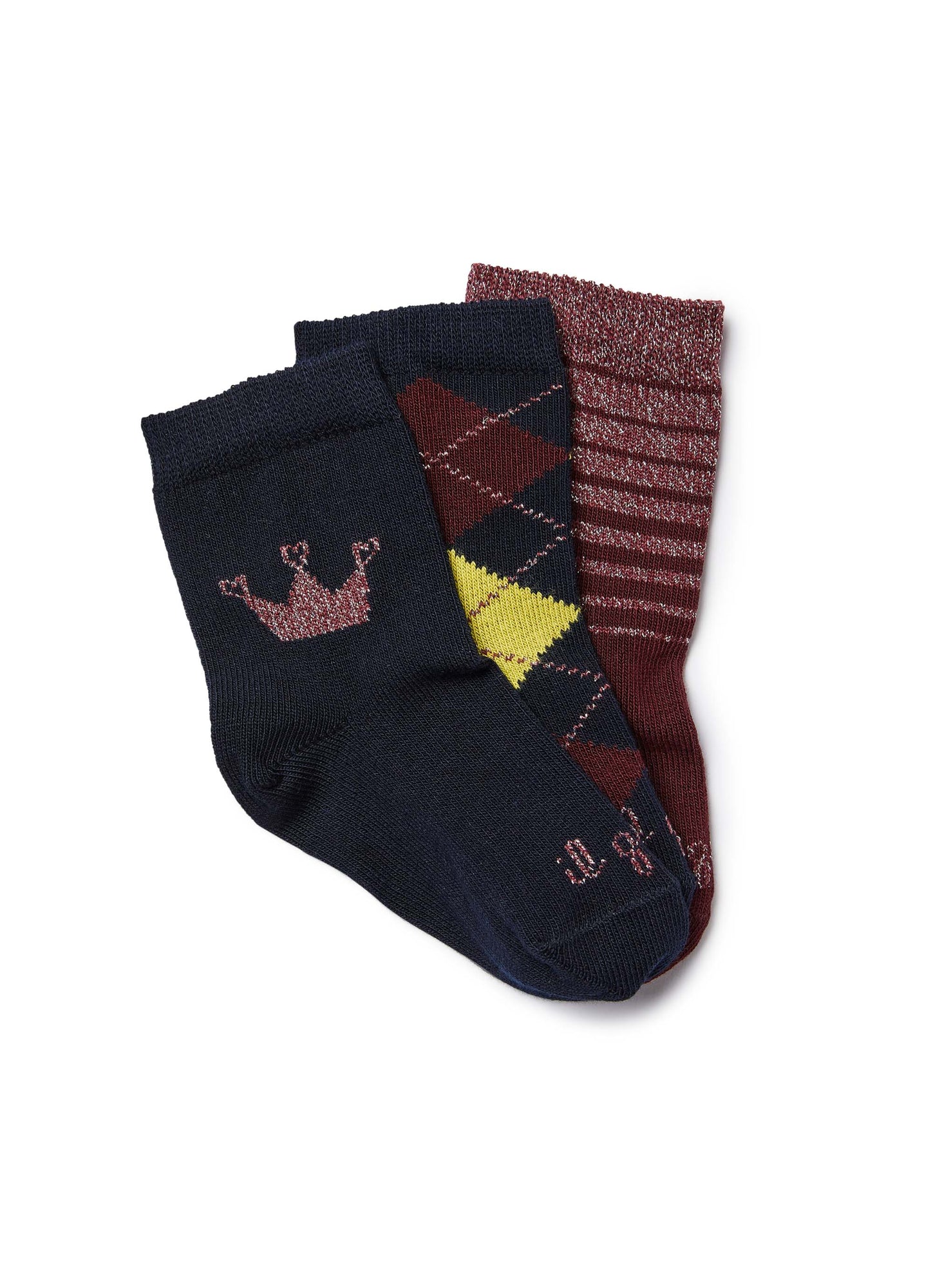 Girls | Set of Three Short Socks | Blue Red Wine