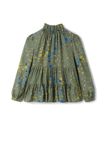 Girls | Floral Shirt with Flounces | Green Corteccia