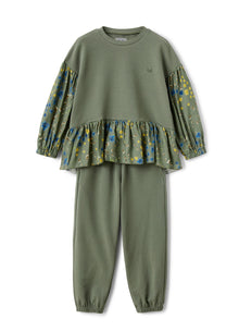 Girls | Fleece and Flower Print Suit | Oregano Green Green
