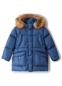 Boys | Down Jacket with Fur and Buttons | Blue Denim