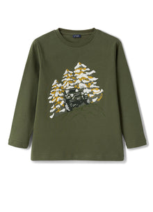 Boys | Gren Cotton T-Shirt with Jeep Print | Abete Silver Militare